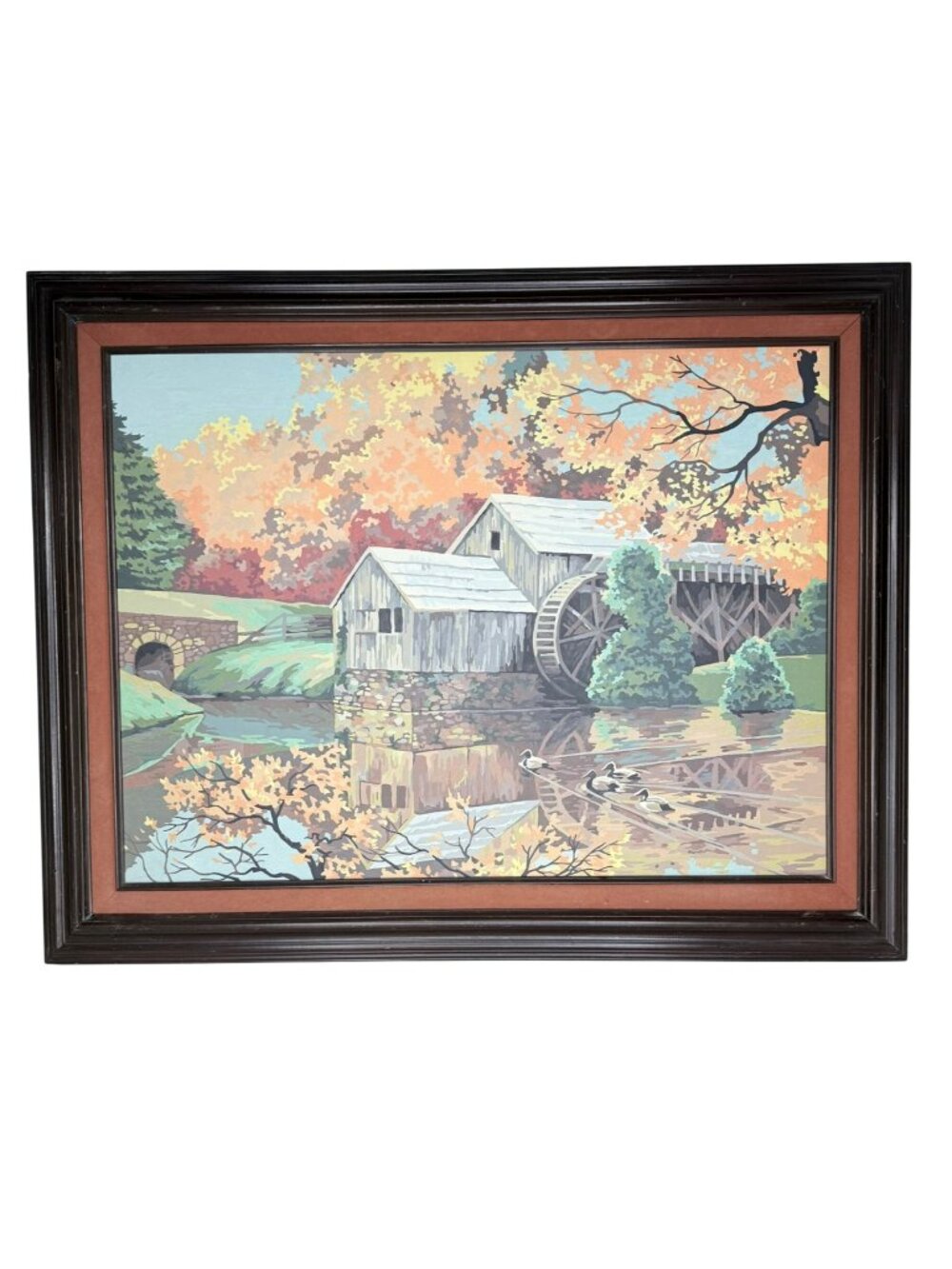 Vintage 1960s Craft House Paint By Number Watermill Landscape Framed Folk Art